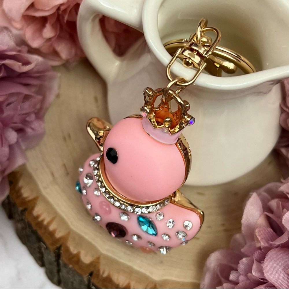 Pink Jeweled Duck with Crystals and Crown Keychain Charm - Picture 4 of 13